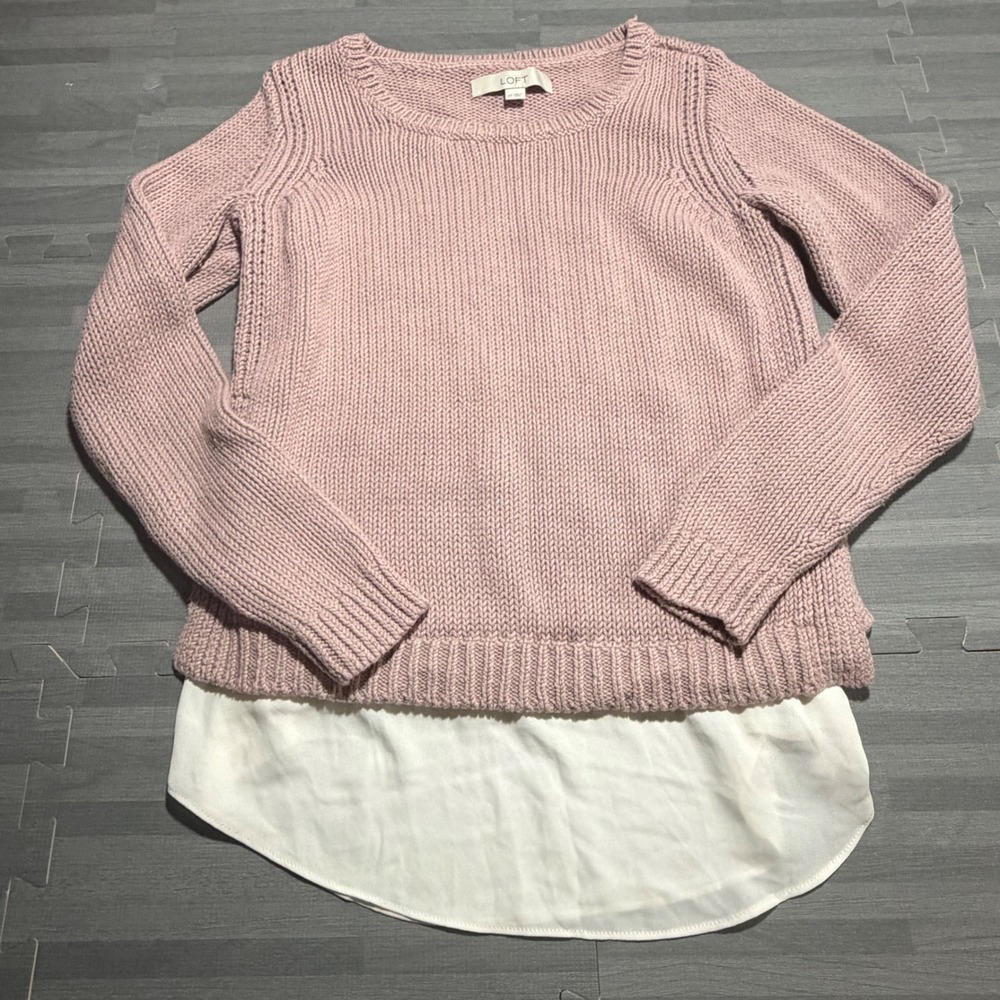 LOFT Pink Cotton Knit Faux Layered Sweater Mixed Media Shirttail Hem